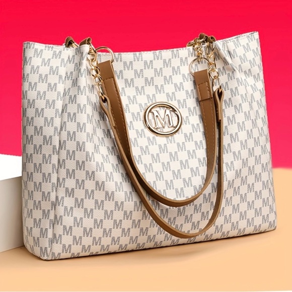 Unbranded Handbags - NWT Elegant White and Gray Tote Bag With Brown Double Straps 16x11